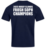 The WRS Canterbury Naperville Crusaders Frosh Soph Champions Club Plain Tee is a navy blue t-shirt with “2025 Naperville Crusaders Frosh Soph Champions” in white on the back—custom made for proud team members.