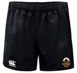 The Battleship Rugby Club 50th Anniversary Advantage Rugby Shorts by EMB Canterbury feature an elastic waistband, iconic left-leg logo, and a 50th anniversary patch—designed for comfort and moisture wicking during rugby training.