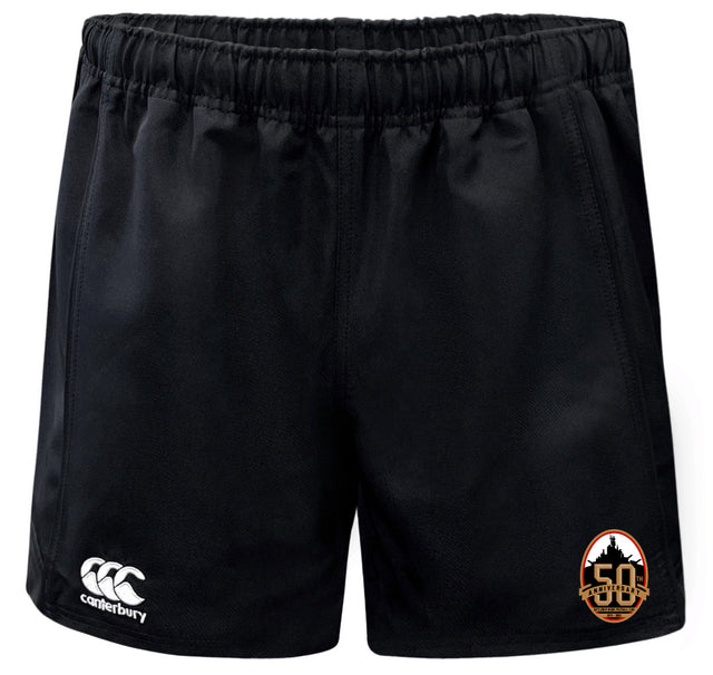 The Battleship Rugby Club 50th Anniversary Advantage Rugby Shorts by EMB Canterbury feature an elastic waistband, iconic left-leg logo, and a 50th anniversary patch—designed for comfort and moisture wicking during rugby training.