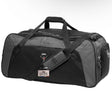 The Dallas Harlequins Lions Origin Holdall Duffle Bag by EMB Canterbury features black and gray colors, two handles, an adjustable padded shoulder strap, multiple zippered compartments, water-repellent fabric, and logos on the front and sides.