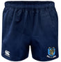 The Columbia Business Advantage Rugby Shorts by EMB Canterbury feature an elastic waistband, moisture-wicking fabric, the Canterbury logo on the left leg, and a CBS RFC crest on the right—perfect for rugby.