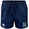 The Columbia Business Advantage Rugby Shorts by EMB Canterbury feature an elastic waistband, moisture-wicking fabric, the Canterbury logo on the left leg, and a CBS RFC crest on the right—perfect for rugby.