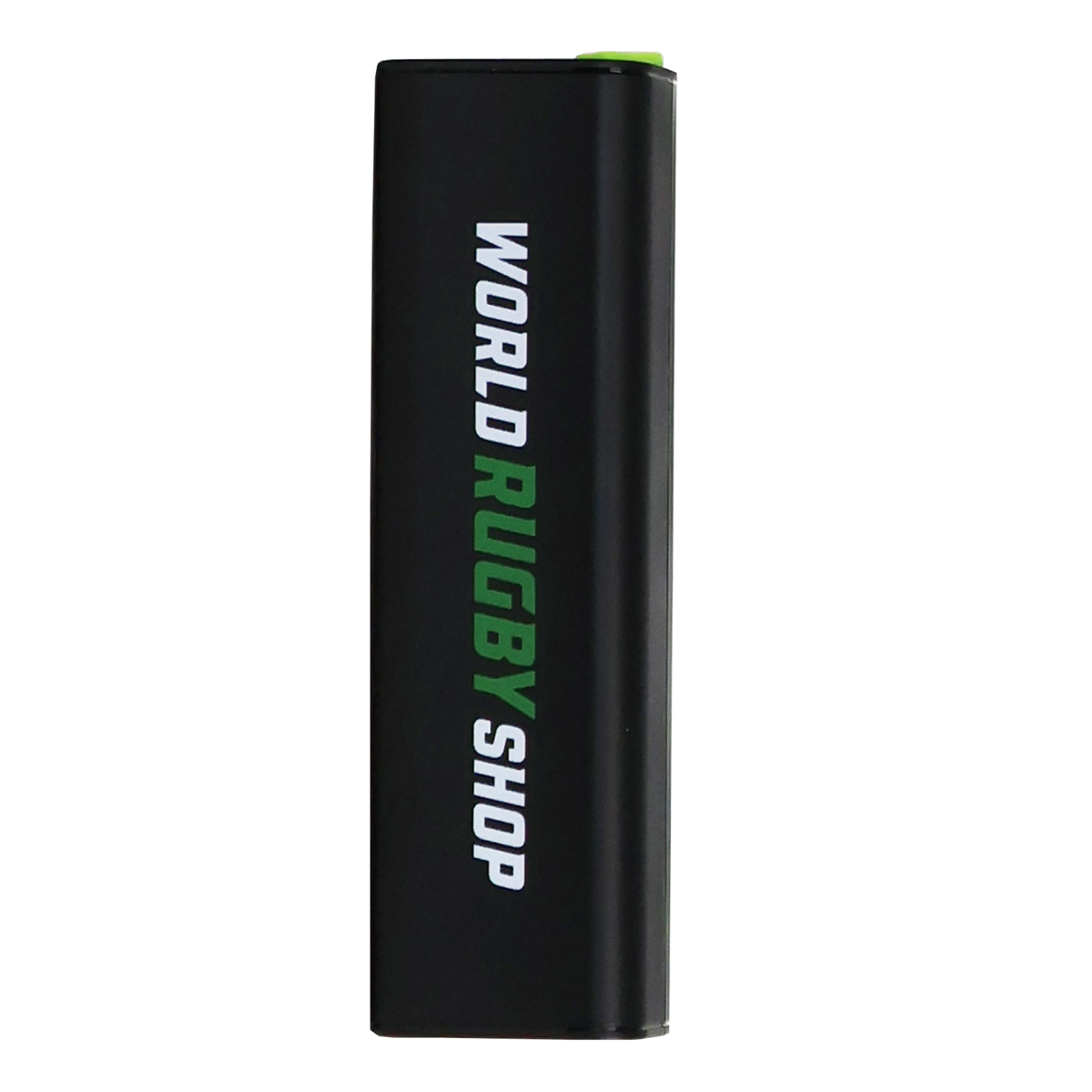 The Sectelli World Rugby Shop Electric Smart Ball Pump is a rectangular black pump featuring "WORLD RUGBY SHOP" in white and green vertically and a small green button on top.