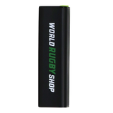 The Sectelli World Rugby Shop Electric Smart Ball Pump is a rectangular black pump featuring "WORLD RUGBY SHOP" in white and green vertically and a small green button on top.