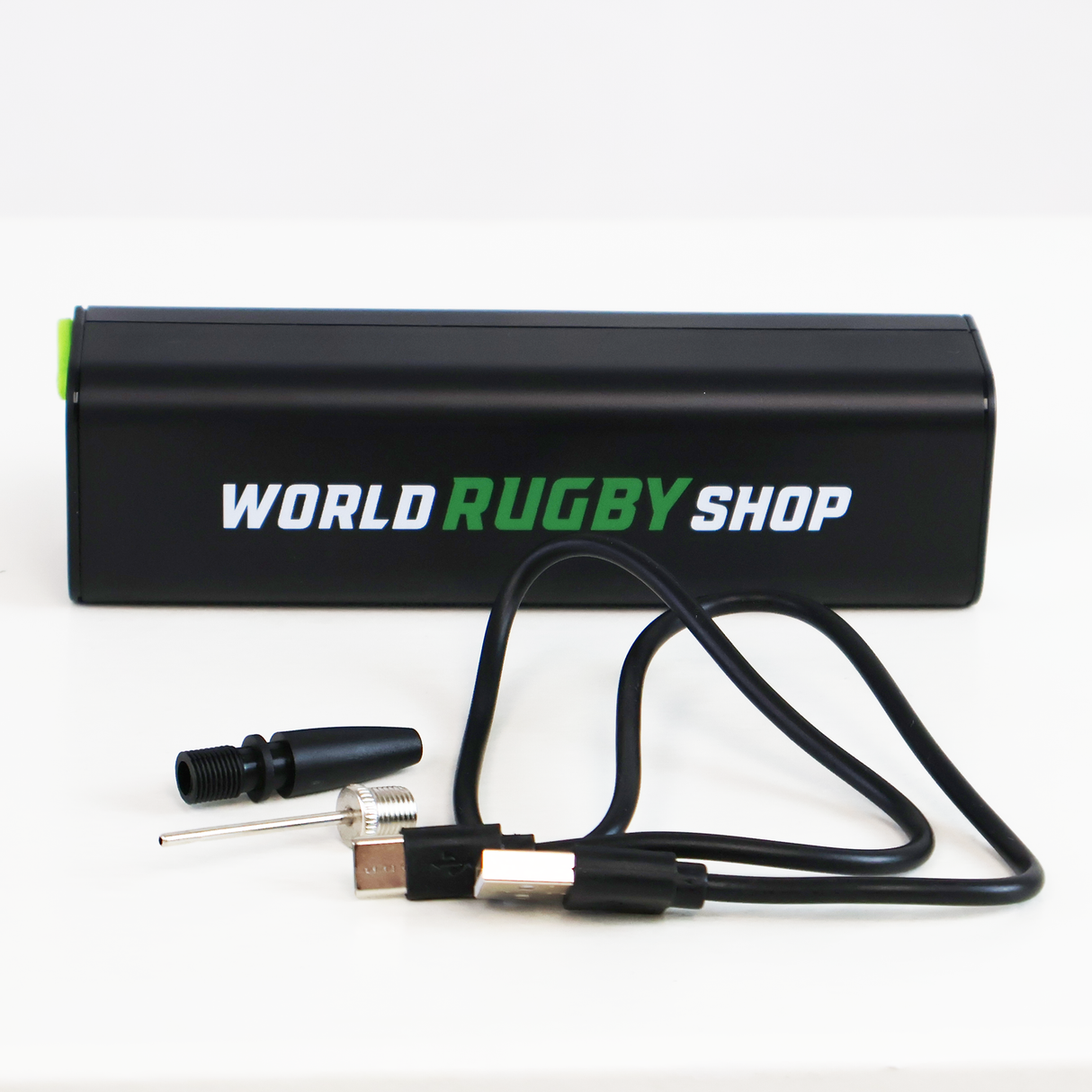 The Sectelli World Rugby Shop Electric Smart Ball Pump, a black rectangular device with a USB cable and two metal-plastic attachments, offers a portable design ideal for on-the-go use.