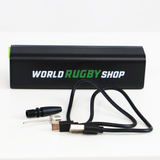 The Sectelli World Rugby Shop Electric Smart Ball Pump, a black rectangular device with a USB cable and two metal-plastic attachments, offers a portable design ideal for on-the-go use.