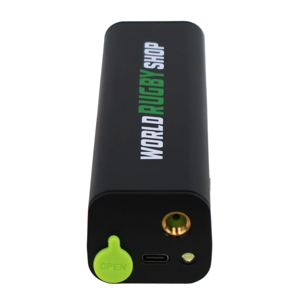 The Sectelli World Rugby Shop Electric Smart Ball Pump is a portable black rectangular pump with "WORLD RUGBY SHOP" on top, a green "OPEN" cap, USB-C port, and circular metal connector in a compact design.