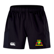 Baltimore Chesapeake Advantage Short 2.0 by EMB Canterbury features black performance sports shorts with a "Brumbies" logo and yellow horse emblem on the right leg, while the left leg boasts a white "CCC" logo, perfect for sustainability-minded athletes seeking comfort and style.