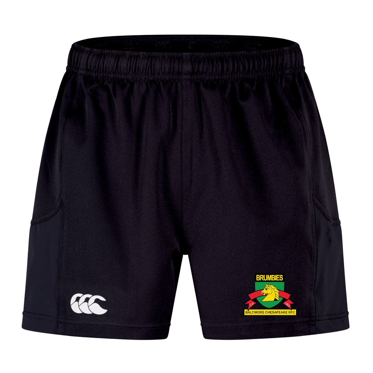 Baltimore Chesapeake Advantage Short 2.0 by EMB Canterbury features black performance sports shorts with a "Brumbies" logo and yellow horse emblem on the right leg, while the left leg boasts a white "CCC" logo, perfect for sustainability-minded athletes seeking comfort and style.