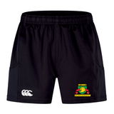 Baltimore Chesapeake Advantage Short 2.0 by EMB Canterbury features black performance sports shorts with a "Brumbies" logo and yellow horse emblem on the right leg, while the left leg boasts a white "CCC" logo, perfect for sustainability-minded athletes seeking comfort and style.