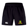 Baltimore Chesapeake Advantage Short 2.0 by EMB Canterbury features black performance sports shorts with a "Brumbies" logo and yellow horse emblem on the right leg, while the left leg boasts a white "CCC" logo, perfect for sustainability-minded athletes seeking comfort and style.