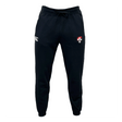 The Baton Rouge RFC Leisure Sweatpant by EMB Canterbury features black joggers made from organic cotton with logo patches on the upper thighs and an adjustable drawstring waistband.