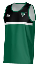 The Teamatical Birmingham Vulcans Canterbury Legacy Performance Singlet features a green body, black upper section, white horizontal stripe, and chest logos.