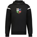 The WRS Augusta British & Irish Lions Heritage Prep Vintage Shield Hoodie is a black rugby hoodie with two white sleeve stripes and a multicolored crest featuring four symbols on the chest, inspired by a vintage shield design.