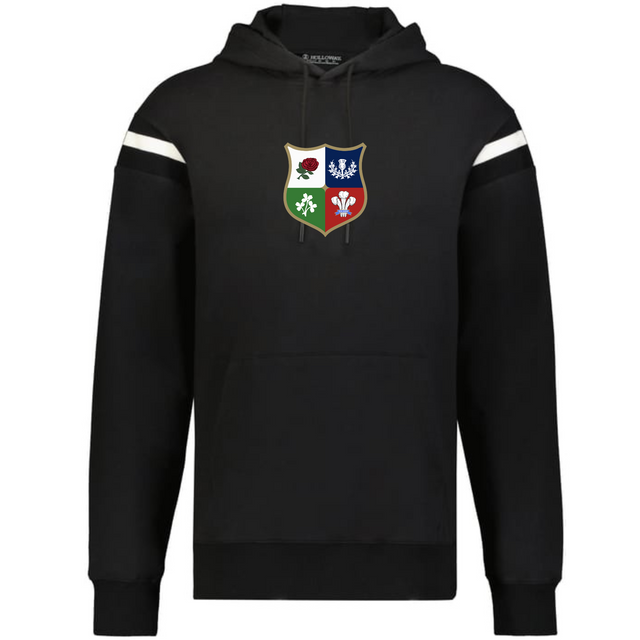 The WRS Augusta British & Irish Lions Heritage Prep Vintage Shield Hoodie is a black rugby hoodie with two white sleeve stripes and a multicolored crest featuring four symbols on the chest, inspired by a vintage shield design.