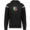 The WRS Augusta British & Irish Lions Heritage Prep Vintage Shield Hoodie is a black rugby hoodie with two white sleeve stripes and a multicolored crest featuring four symbols on the chest, inspired by a vintage shield design.