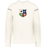 The WRS Augusta British & Irish Lions Heritage Prep Vintage Shield Hoodie is a white rugby hoodie with a multicolored shield emblem on the chest inspired by classic vintage designs.
