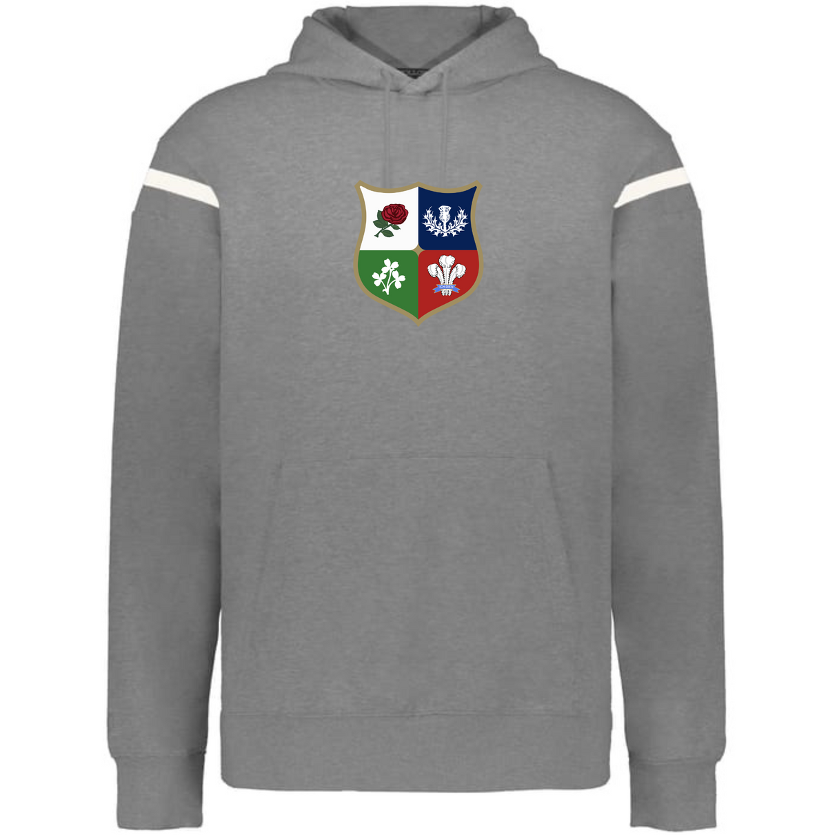 The WRS Augusta British & Irish Lions Heritage Prep Vintage Shield Hoodie features a bold chest emblem with red, blue, green, and white floral quadrants for classic rugby-inspired style.