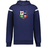 The WRS Augusta British & Irish Lions Heritage Prep Vintage Shield Hoodie features navy blue fabric, white sleeve stripes, and a four-symbol crest on the front for a classic athletic style.