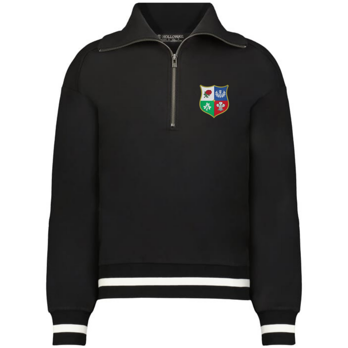 The EMB Augusta Women's Vintage British & Irish Lions Heritage Prep Pullover is a black half-zip with white striped cuffs and hem, featuring a multicolored shield crest on the left chest for classic vintage style.