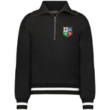 The EMB Augusta Women's Vintage British & Irish Lions Heritage Prep Pullover is a black half-zip with white striped cuffs and hem, featuring a multicolored shield crest on the left chest for classic vintage style.