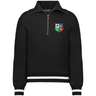 The EMB Augusta Women's Vintage British & Irish Lions Heritage Prep Pullover is a black half-zip with white striped cuffs and hem, featuring a multicolored shield crest on the left chest for classic vintage style.