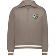 The EMB Augusta Women's Vintage British & Irish Lions Heritage Prep Pullover features a light brown quarter-zip design with white striped cuffs and hem and a multicolored shield crest on the chest, inspired by classic Lions tradition.
