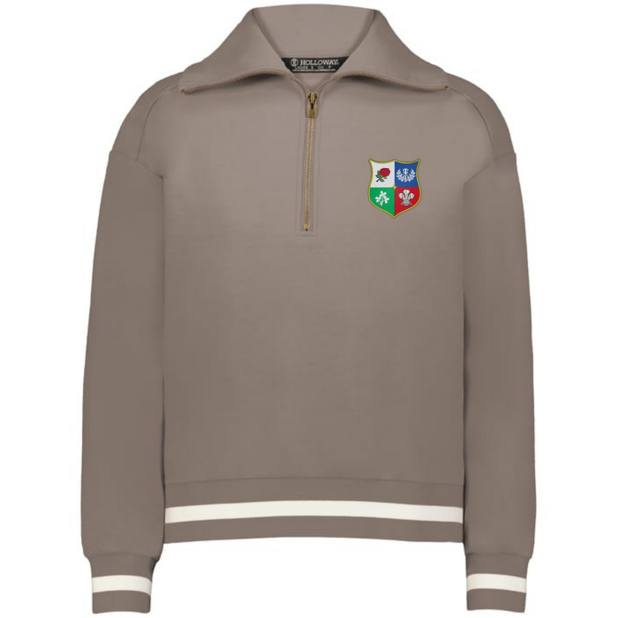 The EMB Augusta Women's Vintage British & Irish Lions Heritage Prep Pullover features a light brown quarter-zip design with white striped cuffs and hem and a multicolored shield crest on the chest, inspired by classic Lions tradition.