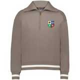 The EMB Augusta Women's Vintage British & Irish Lions Heritage Prep Pullover features a light brown quarter-zip design with white striped cuffs and hem and a multicolored shield crest on the chest, inspired by classic Lions tradition.