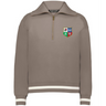 The EMB Augusta Women's Vintage British & Irish Lions Heritage Prep Pullover features a light brown quarter-zip design with white striped cuffs and hem and a multicolored shield crest on the chest, inspired by classic Lions tradition.