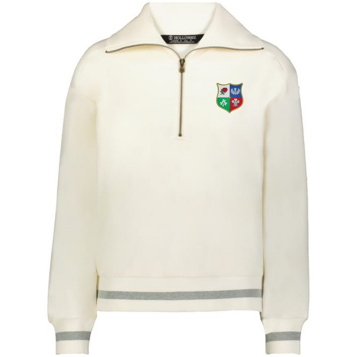 The EMB Augusta Women's Vintage British & Irish Lions Heritage Prep Pullover features a cream color, quarter-zip collar, grey stripe accents, and a four-color British & Irish Lions crest on the left chest.