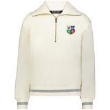 The EMB Augusta Women's Vintage British & Irish Lions Heritage Prep Pullover features a cream color, quarter-zip collar, grey stripe accents, and a four-color British & Irish Lions crest on the left chest.