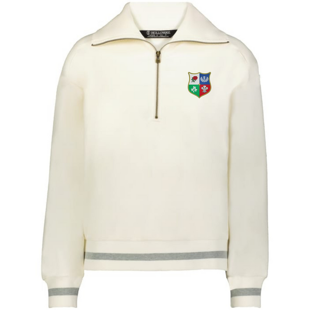 The EMB Augusta Women's Vintage British & Irish Lions Heritage Prep Pullover features a cream color, quarter-zip collar, grey stripe accents, and a four-color British & Irish Lions crest on the left chest.