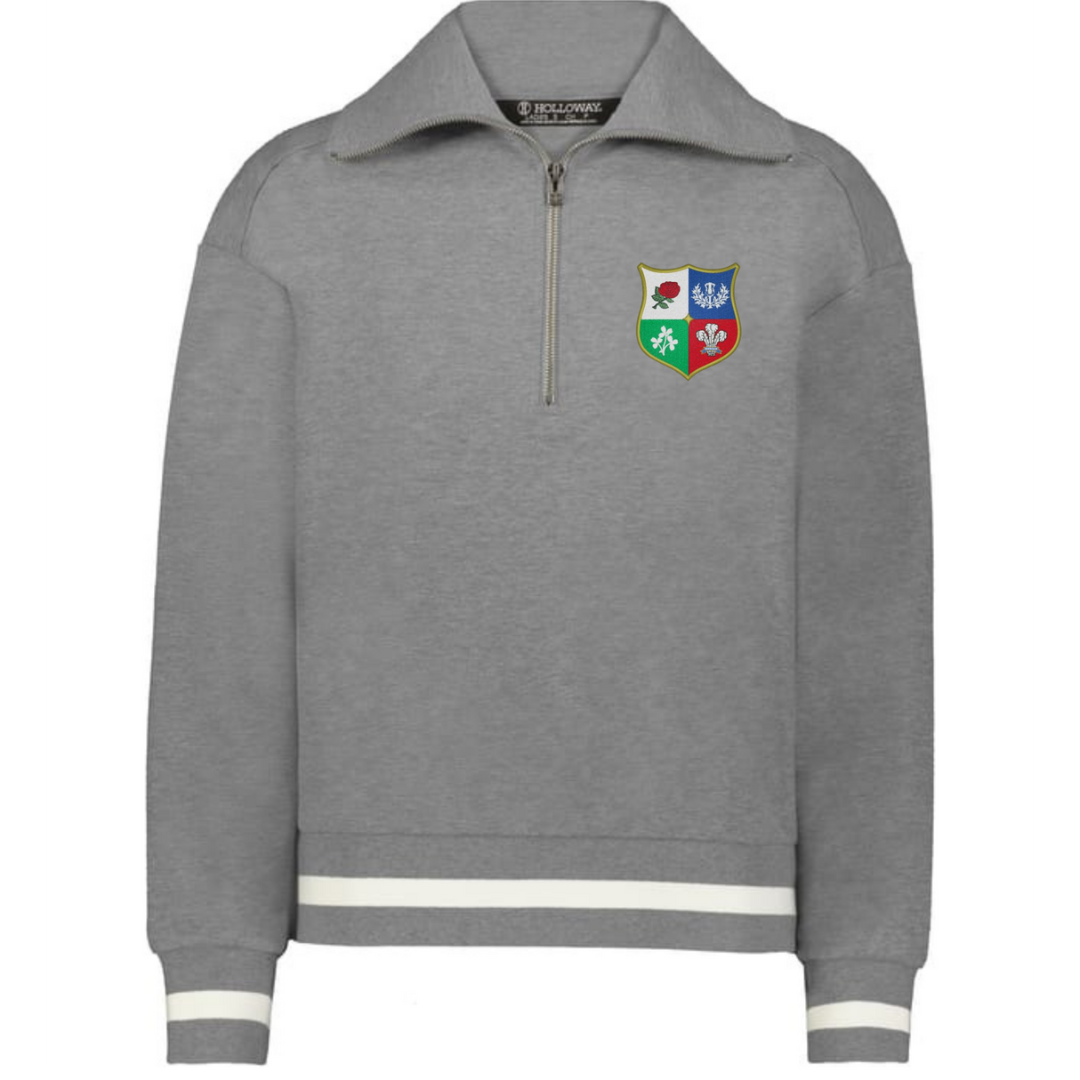 The EMB Augusta Women's Vintage British & Irish Lions Heritage Prep Pullover is a grey quarter-zip sweatshirt with white-striped cuffs and hem, plus a four-color Lions crest on the left chest.