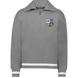 The EMB Augusta Women's Vintage British & Irish Lions Heritage Prep Pullover is a grey quarter-zip sweatshirt with white-striped cuffs and hem, plus a four-color Lions crest on the left chest.