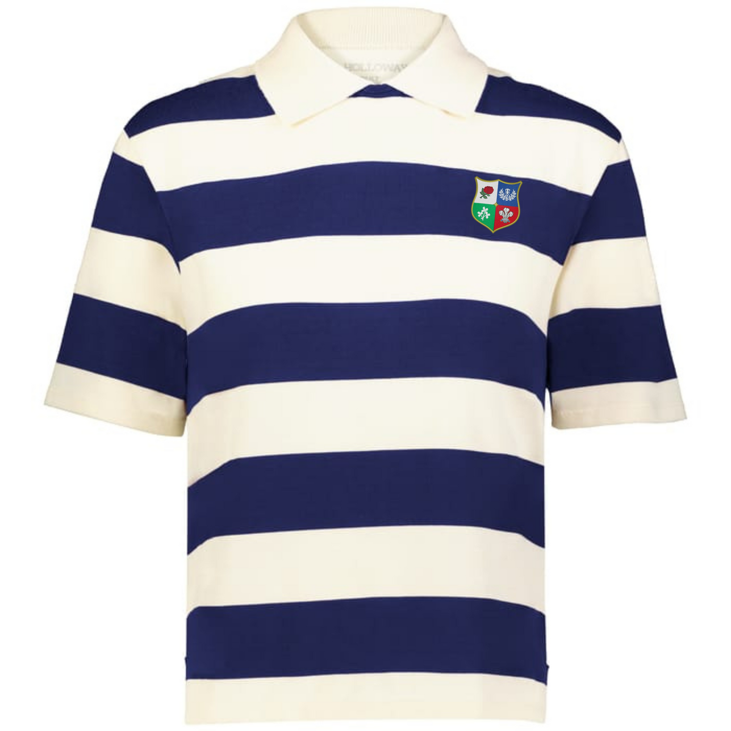 The EMB Augusta Women's Vintage British & Irish Lions Prep Street Rugby Crop features wide navy and white stripes, a multi-colored crest on the left chest, and a classic retro rugby crop style.