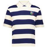 The EMB Augusta Women's Vintage British & Irish Lions Prep Street Rugby Crop features wide navy and white stripes, a multi-colored crest on the left chest, and a classic retro rugby crop style.
