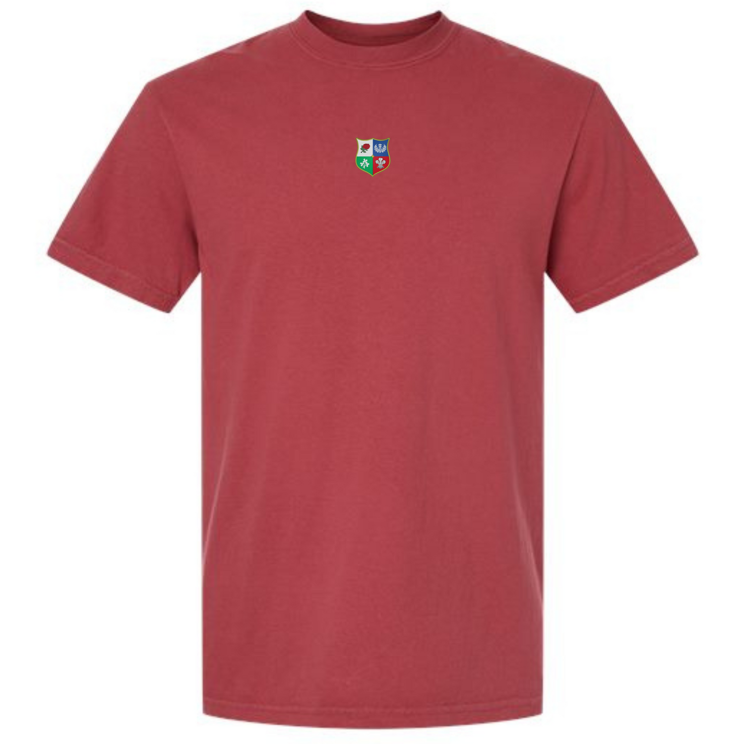 The British & Irish Lions Vintage Comfort Tee by EMB S&S Activewear is a plain maroon shirt with a small, colorful crest emblem centered on the upper chest.
