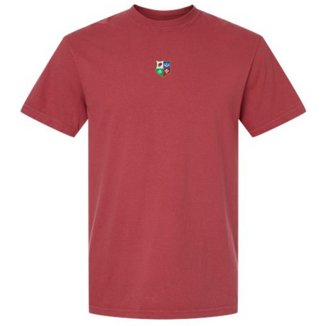 The British & Irish Lions Vintage Comfort Tee by EMB S&S Activewear is a plain maroon shirt with a small, colorful crest emblem centered on the upper chest.