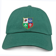 The EMB S&S Activewear Nations of Rugby British & Irish Lions Vintage Dad Cap is a green hat with a four-sectioned shield featuring floral emblems and a fleur-de-lis on the front, inspired by Rugby Nation style.