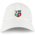 The EMB S&S Activewear Nations of Rugby British & Irish Lions Vintage Dad Cap features a white base and a four-section shield emblem with floral and leaf designs in red, green, blue, and red backgrounds.