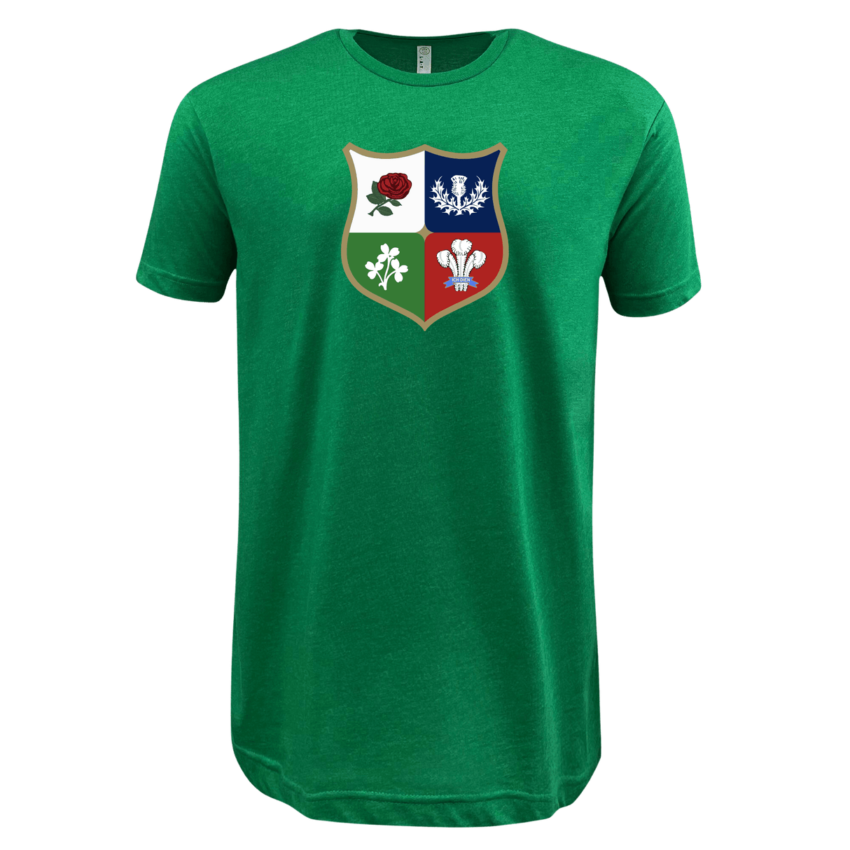 WRS LAT Nations of Rugby Vintage British & Irish Lions Supersoft Tee with a shield design featuring four quadrants, each containing a different white botanical illustration on a colored background.