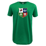 WRS LAT Nations of Rugby Vintage British & Irish Lions Supersoft Tee with a shield design featuring four quadrants, each containing a different white botanical illustration on a colored background.