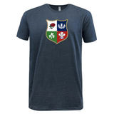 Navy blue Nations of Rugby Vintage British & Irish Lions Supersoft Tee featuring a colorful crest with four quadrants, each displaying a different botanical illustration inspired by the British & Irish Lions by WRS LAT.