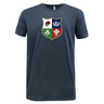 Navy blue Nations of Rugby Vintage British & Irish Lions Supersoft Tee featuring a colorful crest with four quadrants, each displaying a different botanical illustration inspired by the British & Irish Lions by WRS LAT.