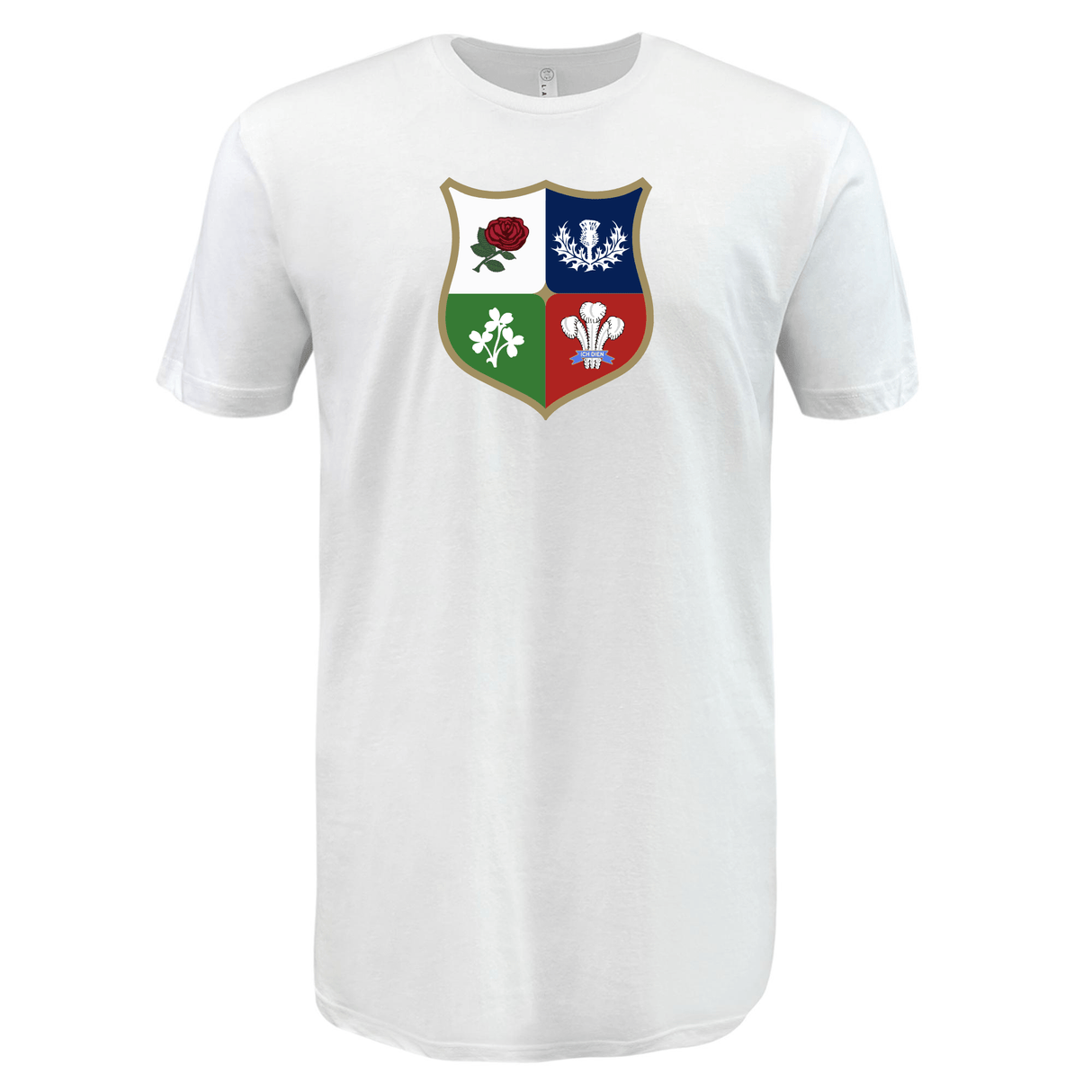 White Nations of Rugby Vintage British & Irish Lions Supersoft Tee with a British & Irish Lions shield design featuring four quadrants, each containing a different floral emblem: a red rose, a blue thistle, a white leek, and a red by WRS LAT.