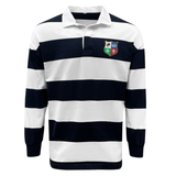 Navy and white striped rugby jersey with a EMB Mudoo British & Irish Lions crest on the left chest.