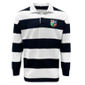 Navy and white striped rugby jersey with a EMB Mudoo British & Irish Lions crest on the left chest.