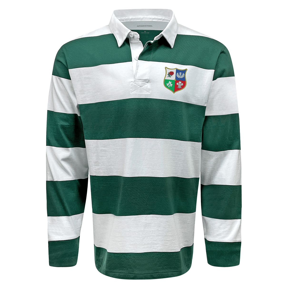 Green and white striped Nations of Rugby British & Irish Lions Vintage Classic jersey with a crest on the left chest, displayed on a plain background.