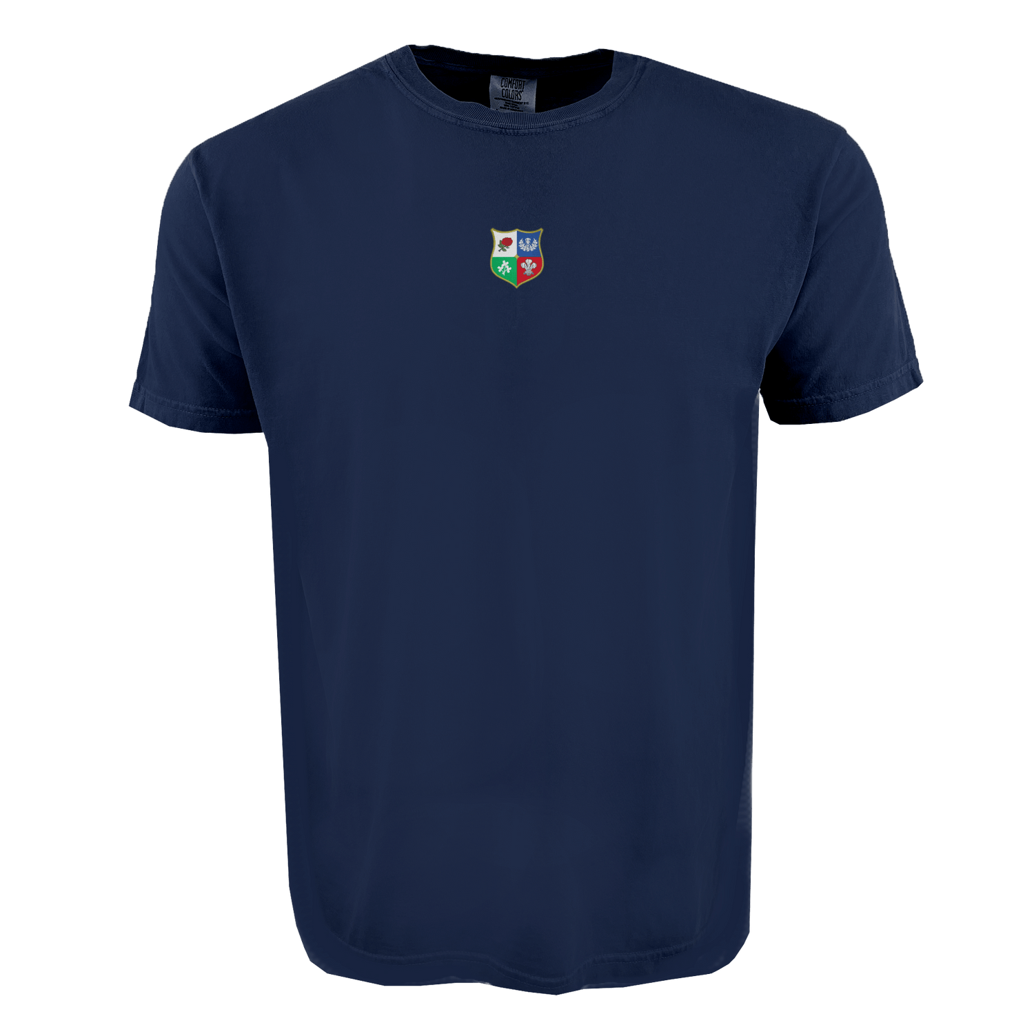 The British & Irish Lions Vintage Comfort Tee by EMB S&S Activewear features a navy blue design with a small, multicolored embroidered crest of four symbols on the chest—ideal for rugby enthusiasts.